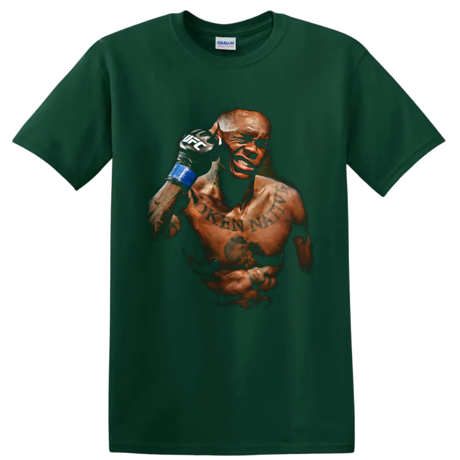 Israel Adesanya intense painted MMA fighter portrait with raised blue glove on a Forest Green T Shirt
