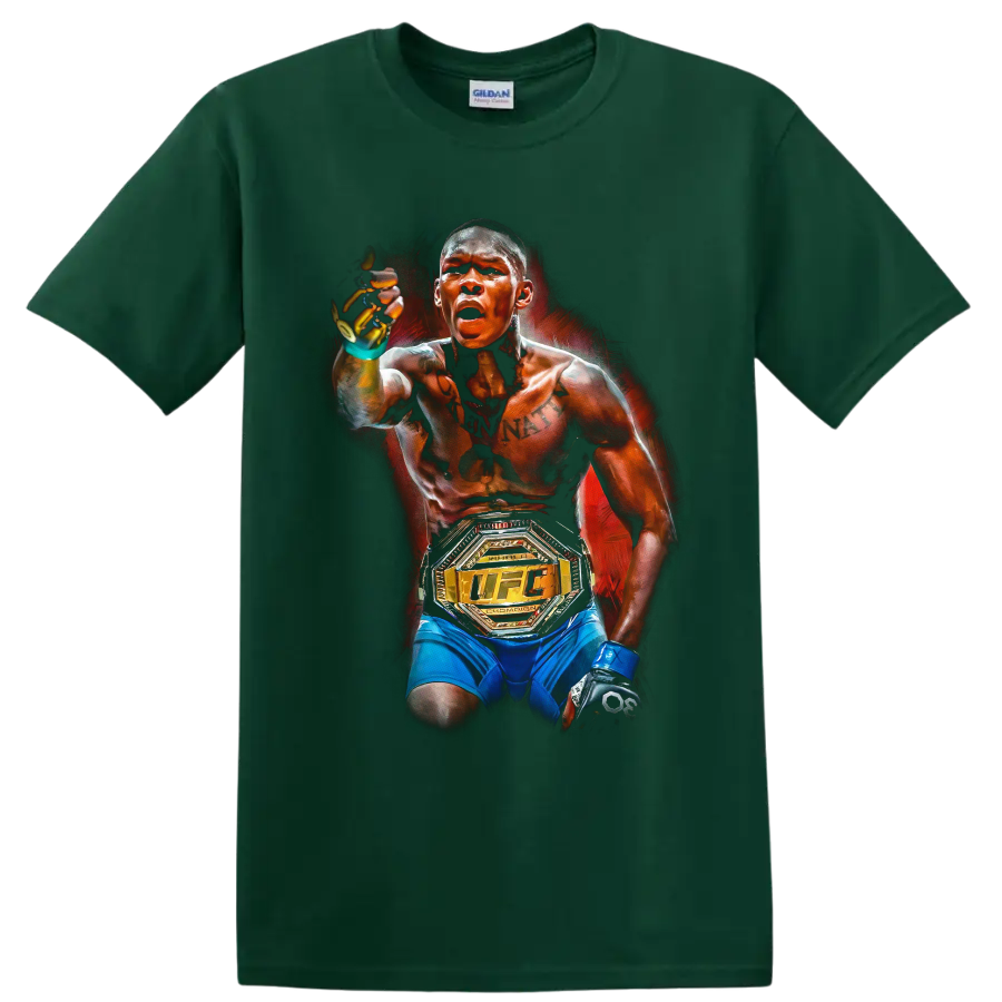 Israel Adesanya painted MMA portrait with UFC championship belt on a Forest Green T Shirt