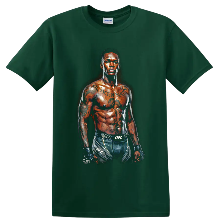 Israel Adesanya painterly MMA fighter portrait wearing gloves and fight shorts on a Forest Green T Shirt