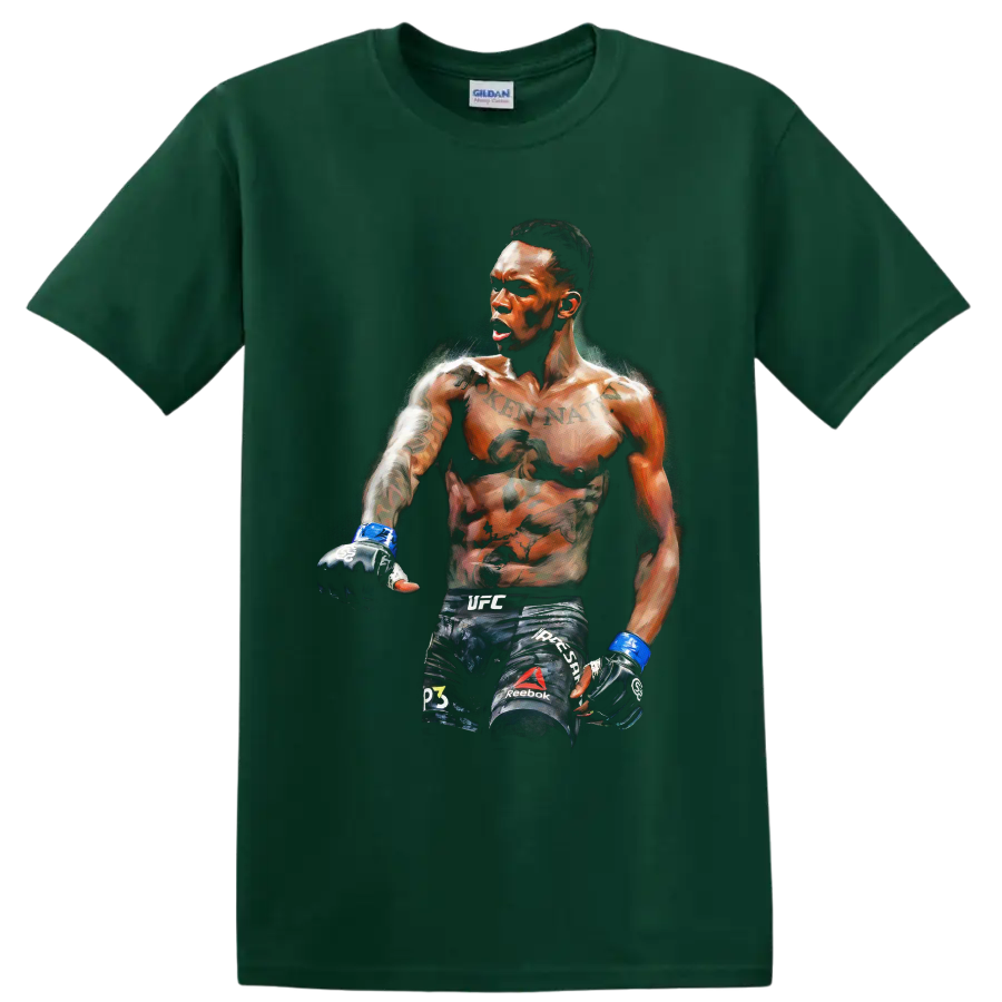 Israel Adesanya MMA fighter portrait in dramatic painterly fight-art style on a Forest Green T Shirt