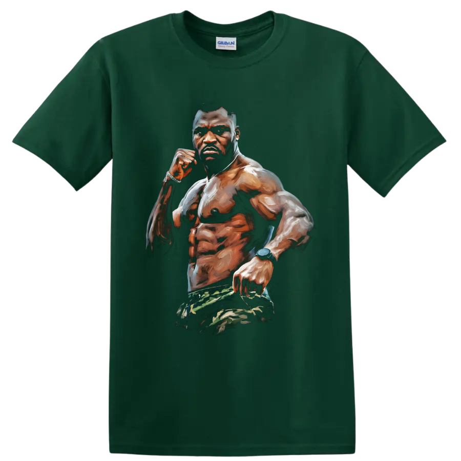 Bobby Green MMA fighter portrait in a raised-fist pose with painterly highlights on a Forest Green T Shirt
