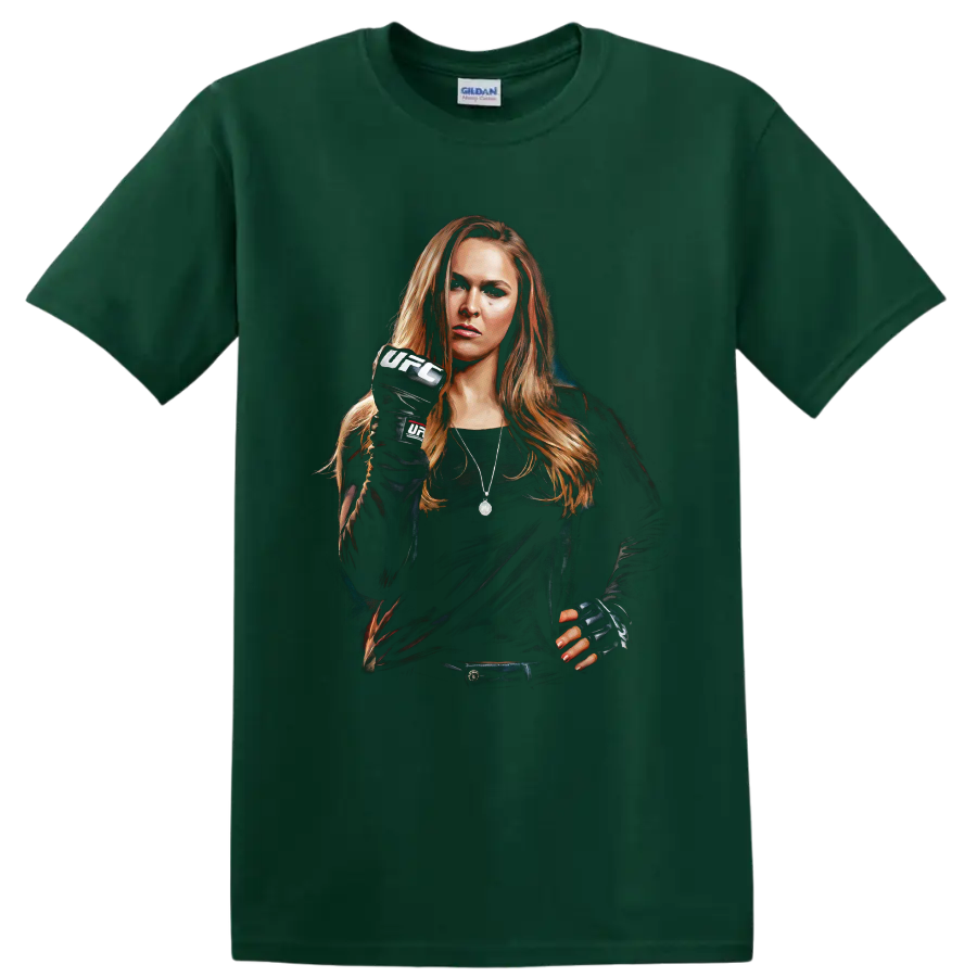 Ronda Rousey MMA fighter portrait in UFC gloves with a raised fist on a Forest Green T Shirt