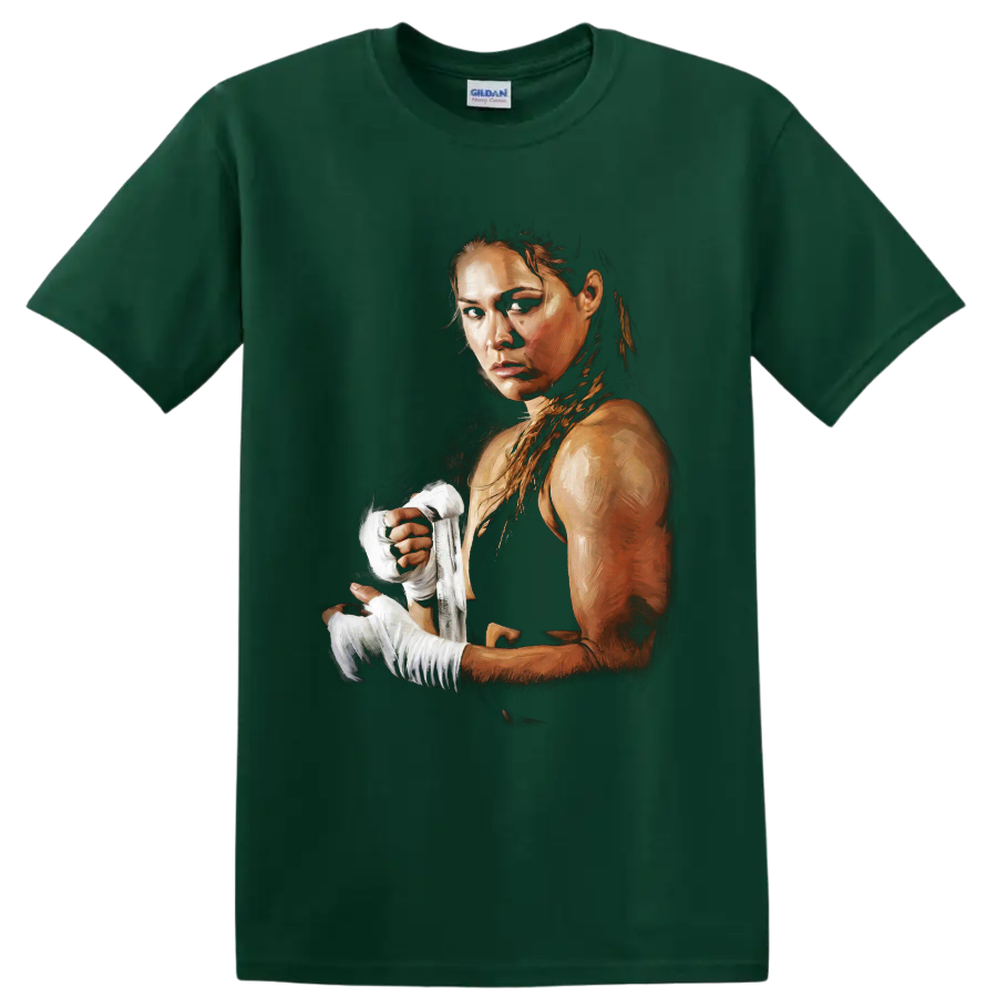 Ronda Rousey MMA fighter portrait with white hand wraps in dramatic painterly art on a Forest Green T Shirt