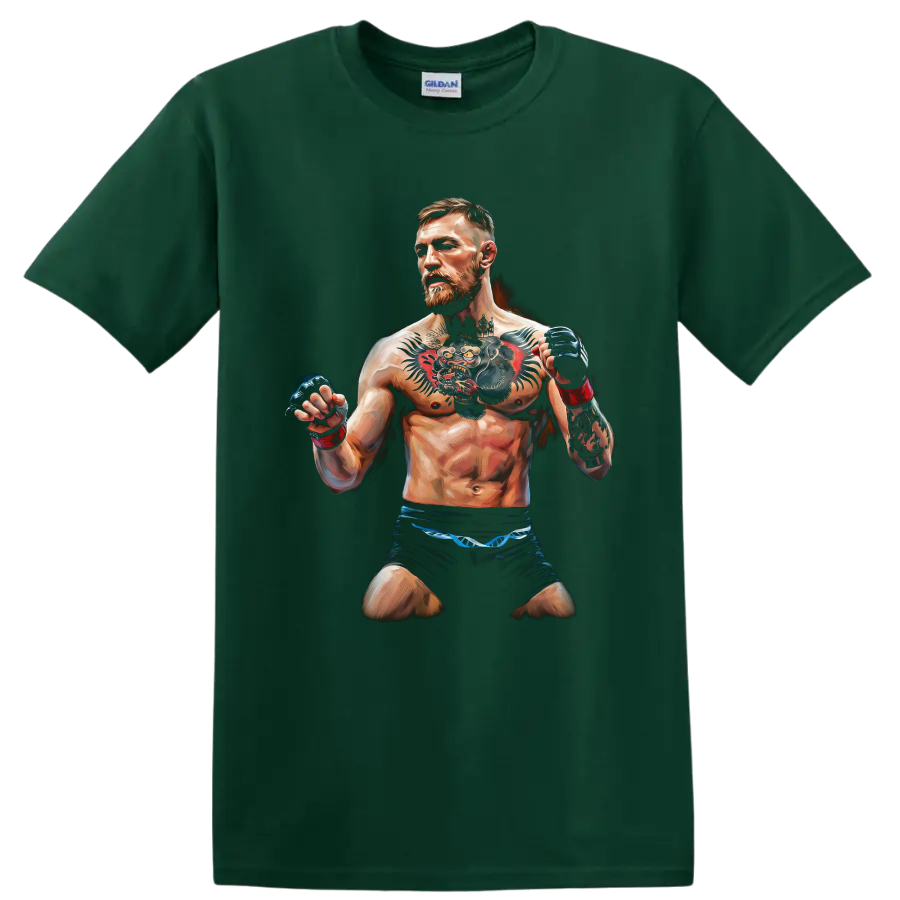 Painted Conor McGregor MMA fighter portrait with raised gloves and prominent tattoos on a Forest Green T Shirt