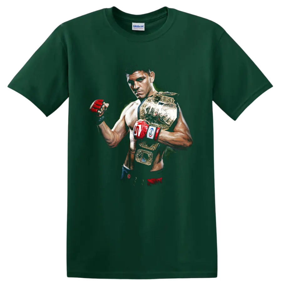 Painted B.J. Penn MMA portrait with red gloves and gold championship belts on a Forest Green T Shirt
