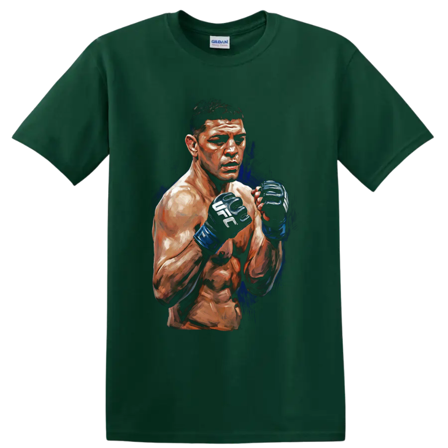 Nate Diaz painted MMA fighter portrait with raised UFC gloves and deep blue accents on a Forest Green T Shirt