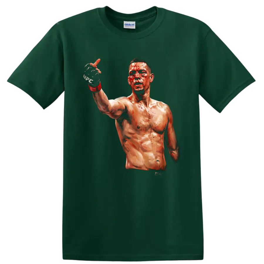 Nate Diaz bloodied MMA fighter portrait with raised gloved hand in painterly style on a Forest Green T Shirt