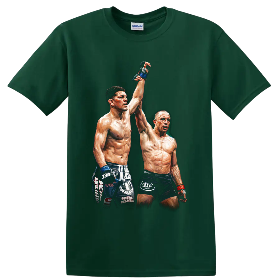 Nick Diaz and Georges St-Pierre in a painterly MMA raised-hand graphic on a Forest Green T Shirt