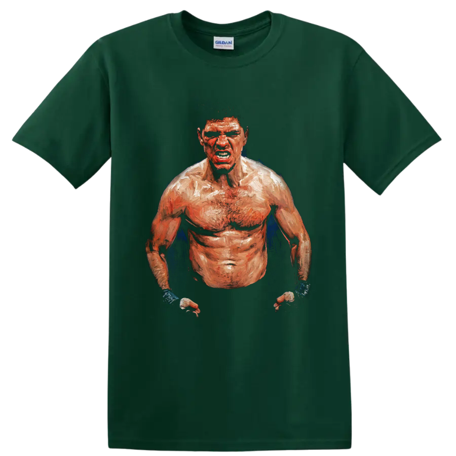 Nick Diaz fierce painted MMA fighter portrait with taped hands and blue accents on a Forest Green T Shirt