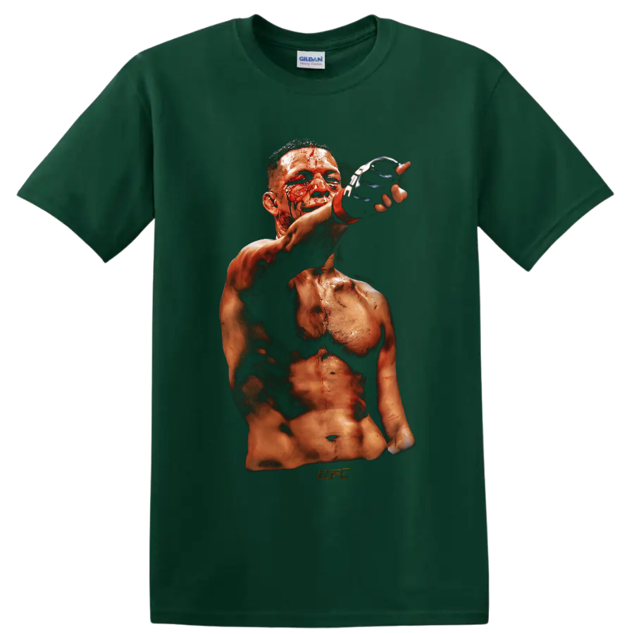Nate Diaz bloodied MMA fighter portrait with raised black glove in gritty fight-night on a Forest Green T Shirt