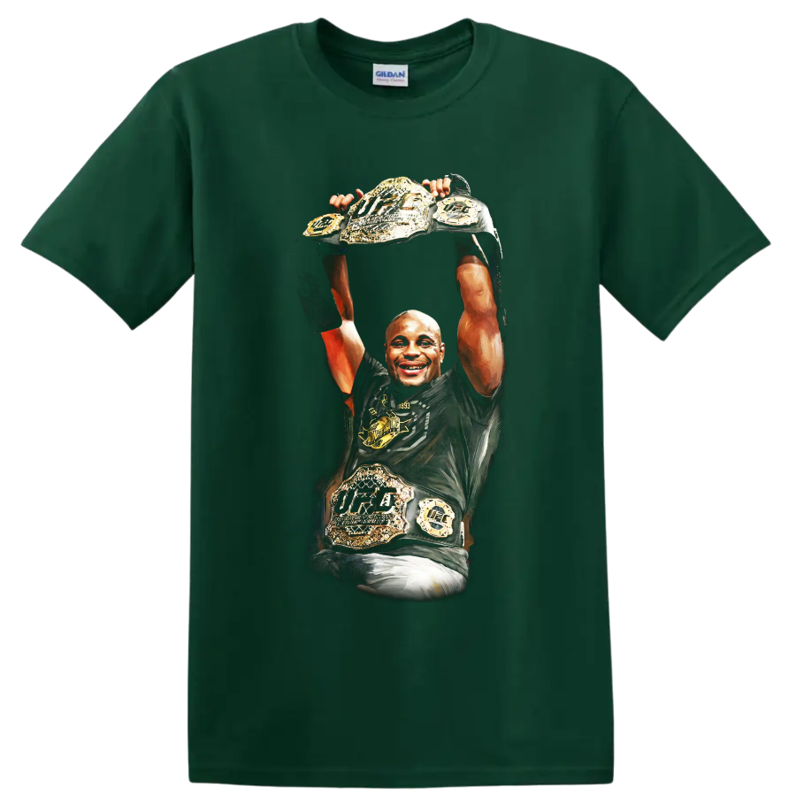 Daniel Cormier illustrated raising UFC championship belts in a triumphant victory pose on a Forest Green T Shirt