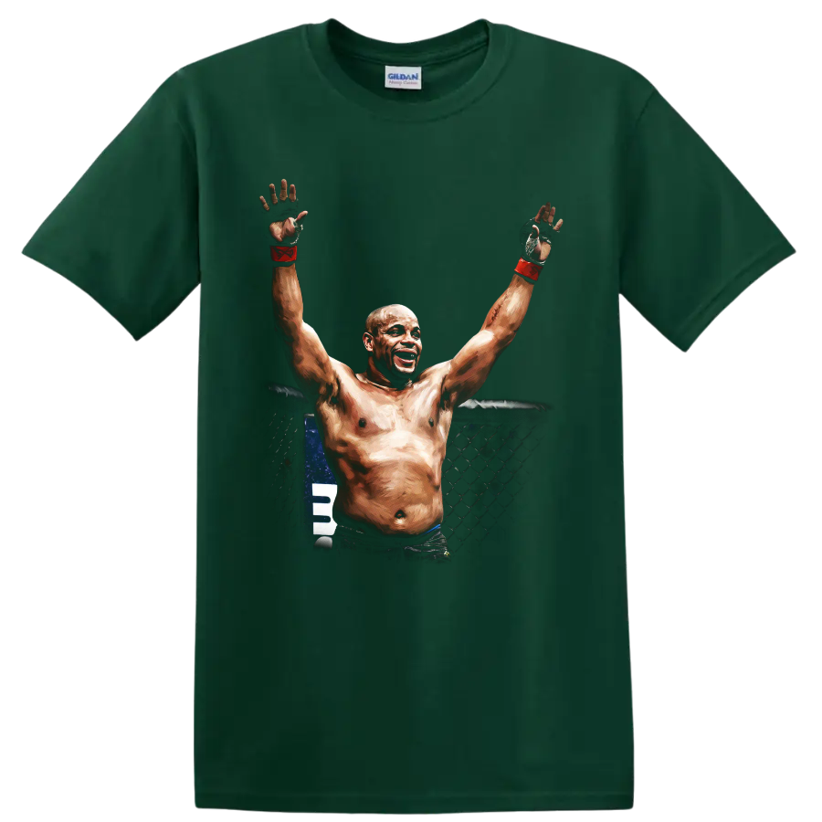 Anderson Silva-style MMA fighter raising gloved hands in a painterly cage victory scene on a Forest Green T Shirt