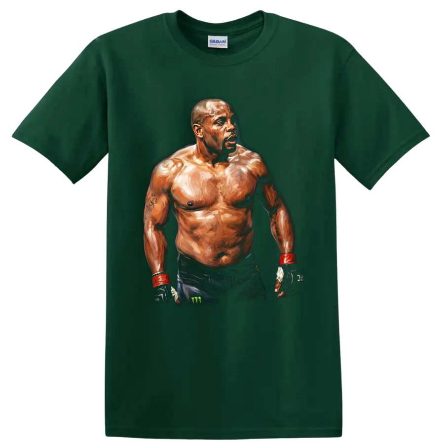 Painted portrait of MMA fighter Quinton Jackson Rampage in gloves and wrist wraps on a Forest Green T Shirt