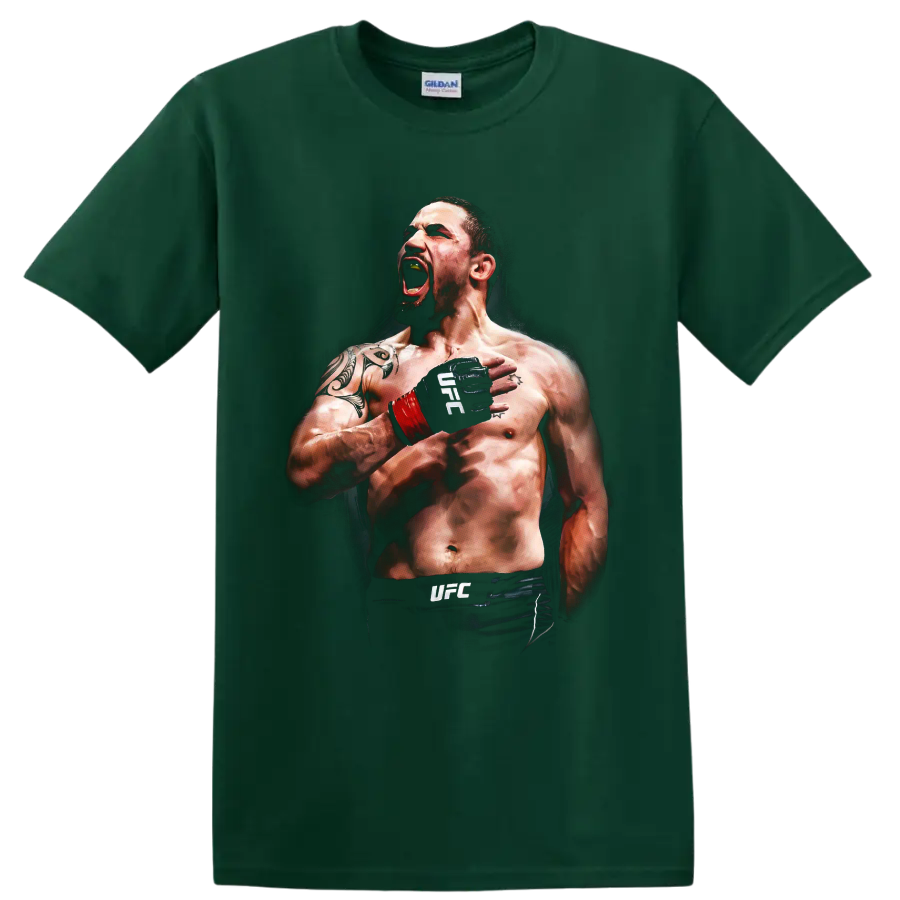 Robert Whittaker The Reaper roaring MMA fighter portrait with red wrist wrap on a Forest Green T Shirt