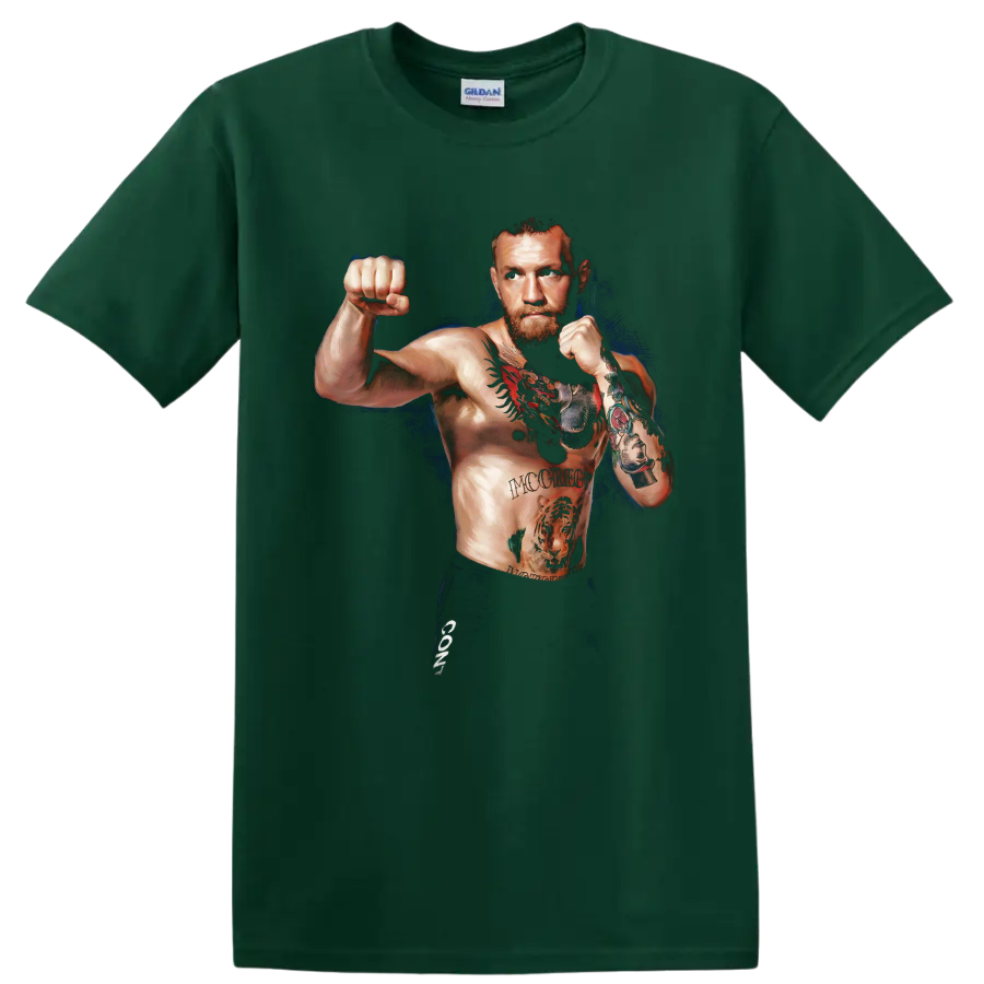 Conor McGregor in a tattooed fighting stance with a deep blue painterly backdrop on a Forest Green T Shirt