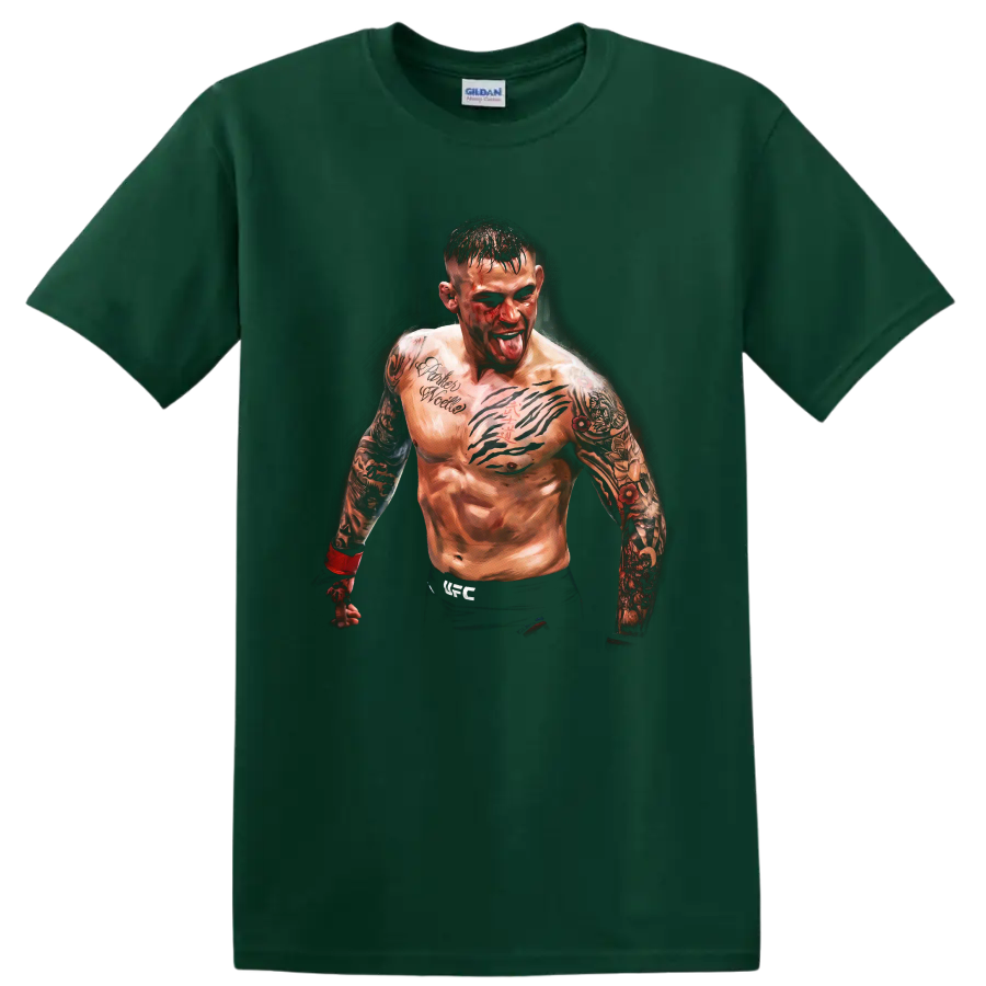 Dustin Poirier tattooed MMA fighter portrait with red hand wraps on a Forest Green T Shirt