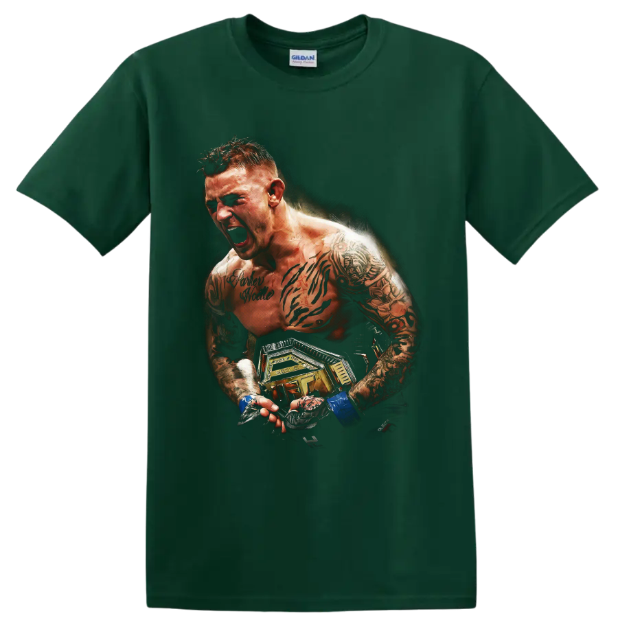 Dustin Poirier roaring MMA fighter portrait with tattoos, blue wraps, and championship on a Forest Green T Shirt