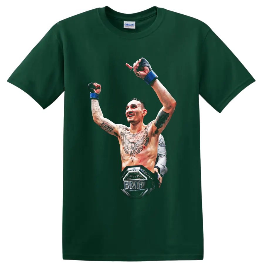 Max Holloway raising gloved hands in detailed MMA victory artwork with BMF belt on a Forest Green T Shirt