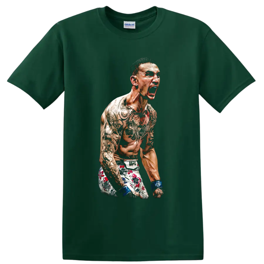 Max Holloway MMA fighter portrait with tattoos, blue wraps, and floral fight shorts on a Forest Green T Shirt