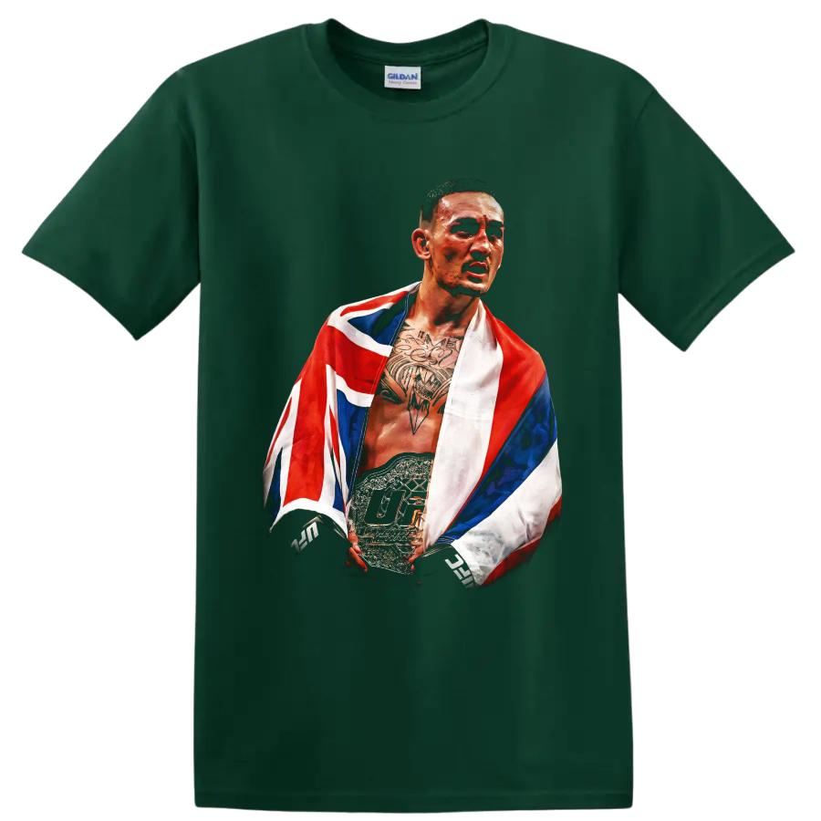 Painted Max Holloway championship belt portrait draped in a Hawaiian flag on a Forest Green T Shirt