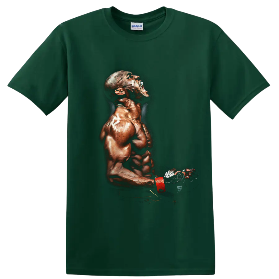 Kamaru Usman painterly MMA fighter portrait with glove and red wrist wrap on a Forest Green T Shirt