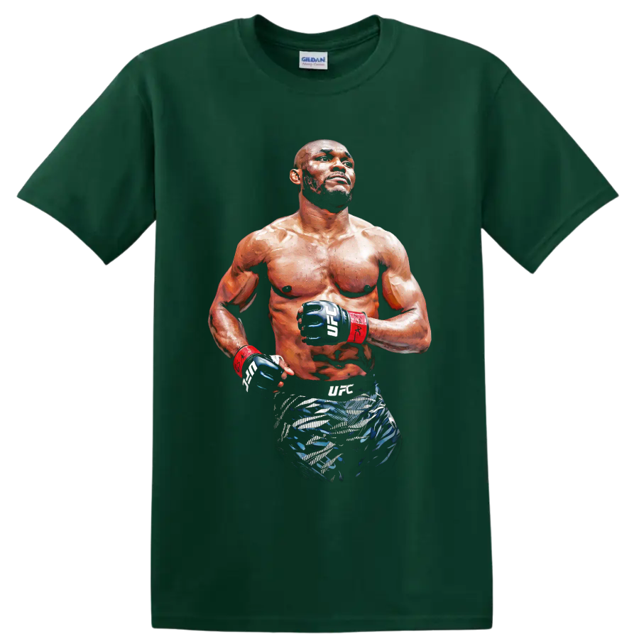 Kamaru Usman painterly MMA fighter portrait wearing UFC gloves and red wrist wraps on a Forest Green T Shirt