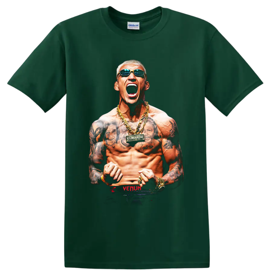 Charles Oliveira roaring tattooed fighter portrait with sunglasses and gold chains on a Forest Green T Shirt