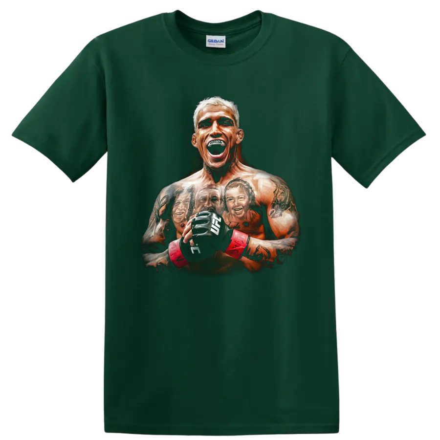 Charles Oliveira roaring MMA fighter portrait with gloves, red wraps, and tattoo artwork on a Forest Green T Shirt