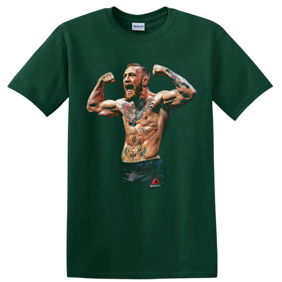 Conor McGregor flexing MMA fighter portrait with tattooed arms in painterly style on a Forest Green T Shirt