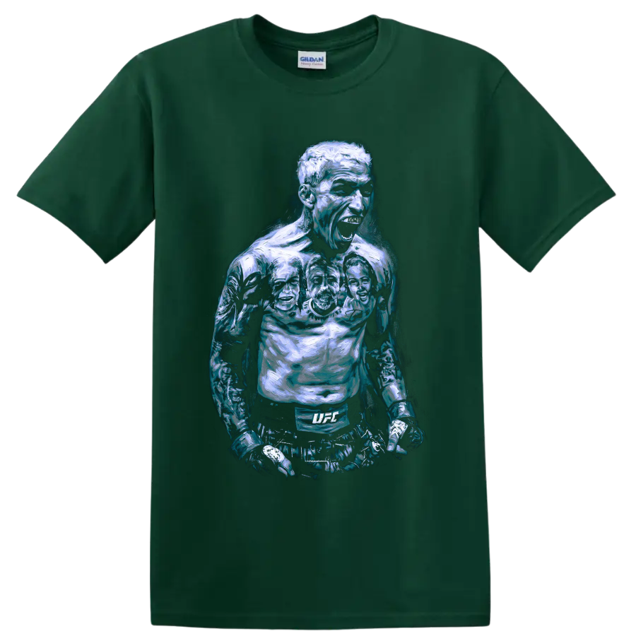 Charles Oliveira roaring MMA fighter portrait in icy blue painterly style on a Forest Green T Shirt