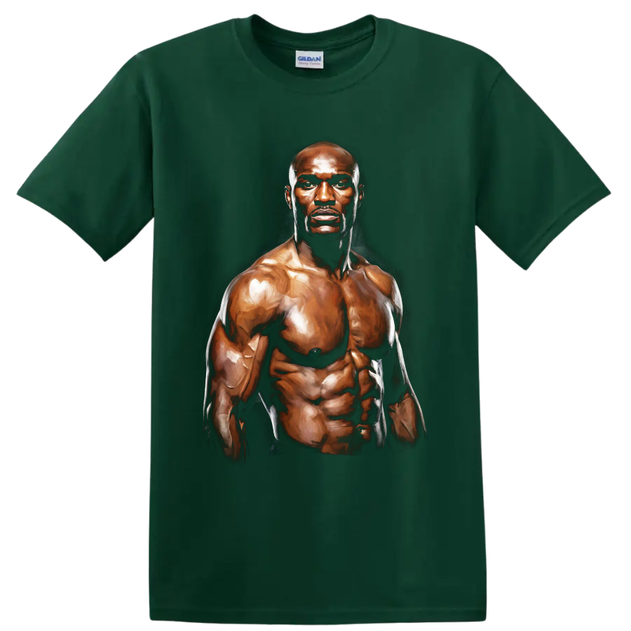 Painterly muscular Terry Crews fighter portrait with dramatic bronze highlights on a Forest Green T Shirt
