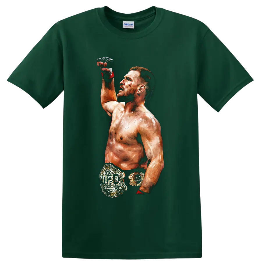 Jan Blachowicz painterly MMA champion portrait with raised glove and gold belt on a Forest Green T Shirt