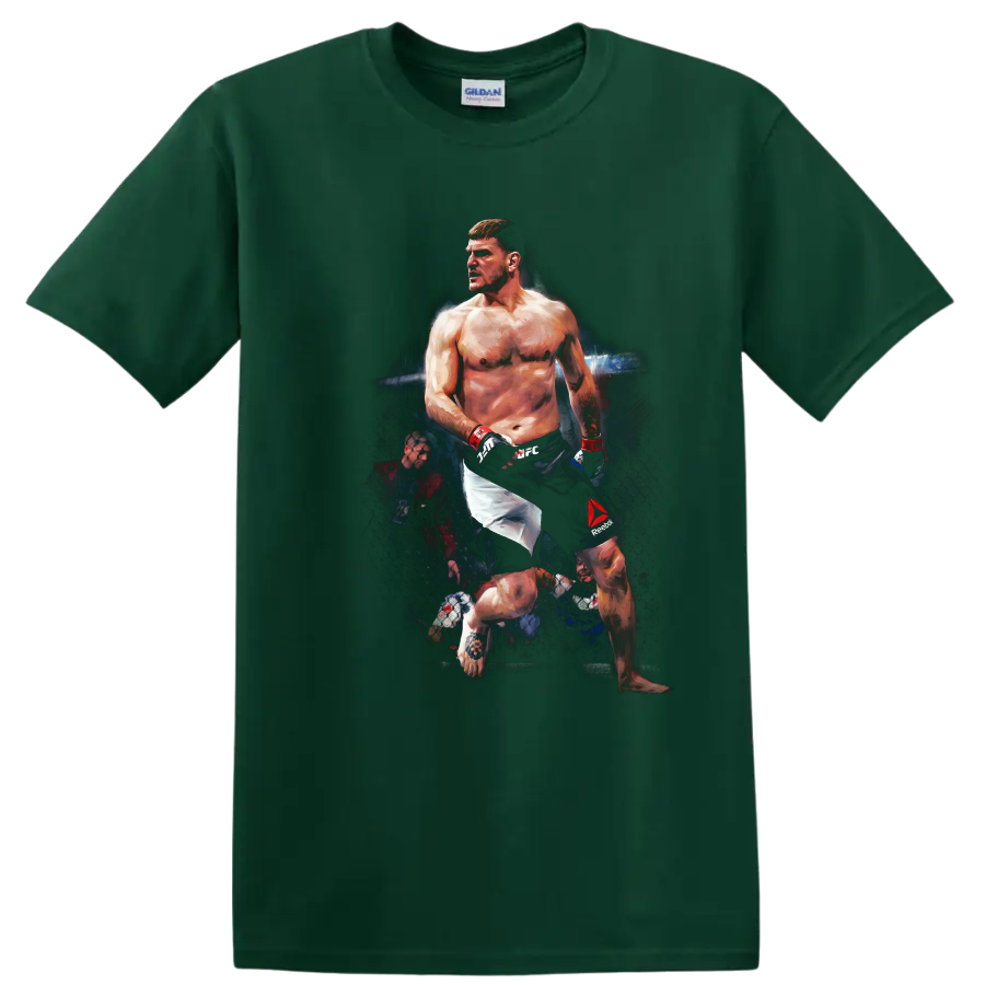 Tony Ferguson El Cucuy painted MMA fighter portrait in a dramatic cage on a Forest Green T Shirt