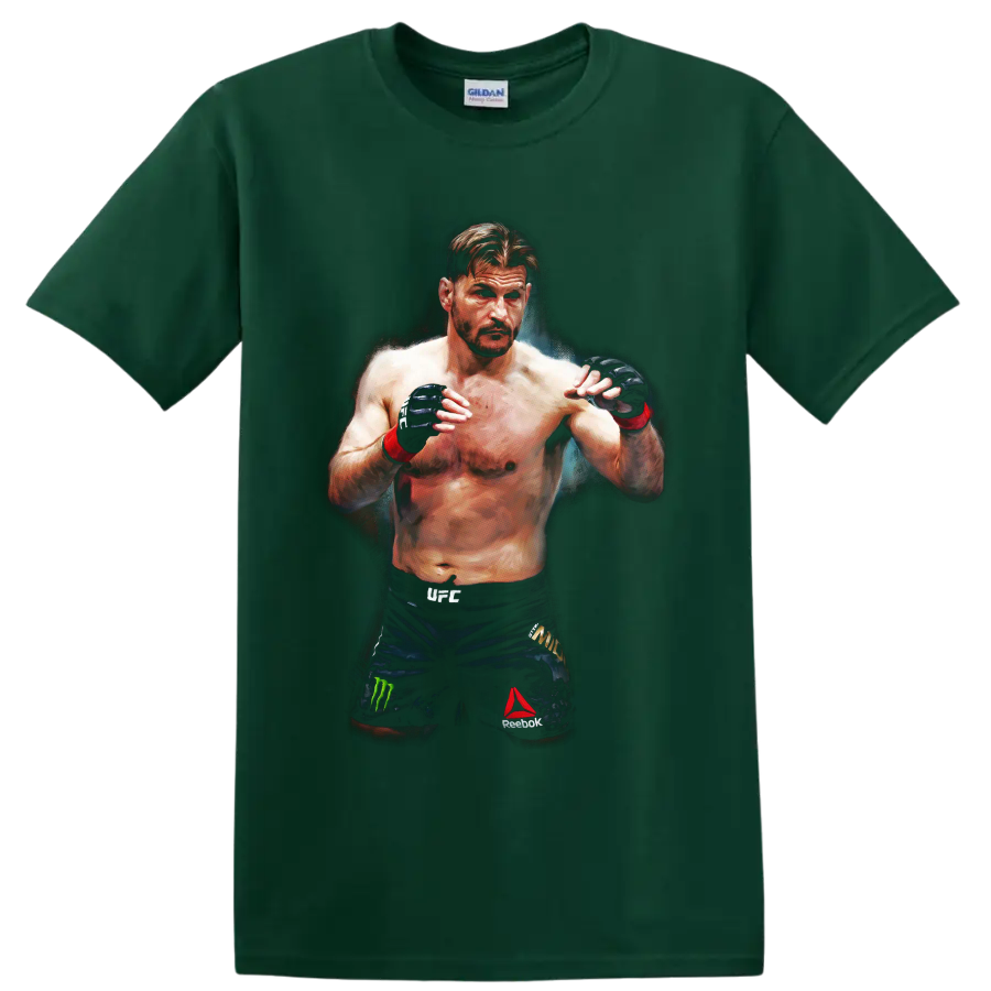 Stipe Miocic MMA fighter portrait in a guarded stance with painterly arena lighting on a Forest Green T Shirt