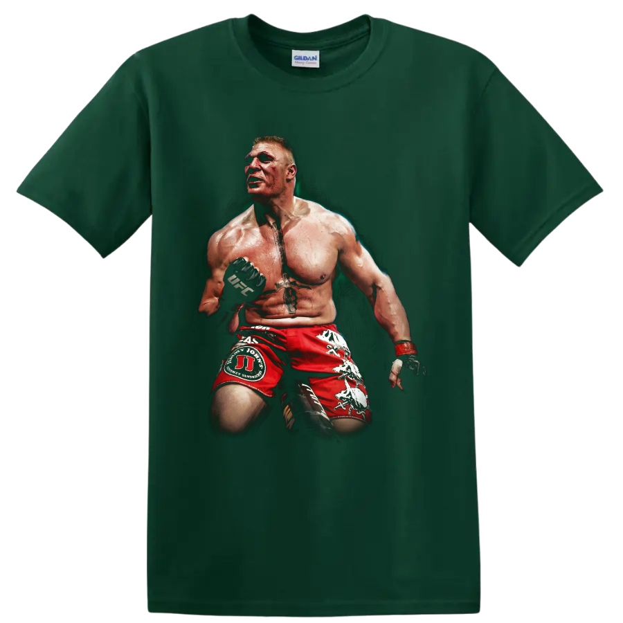 Brock Lesnar MMA portrait in red fight shorts with gloves and dramatic painted shading on a Forest Green T Shirt