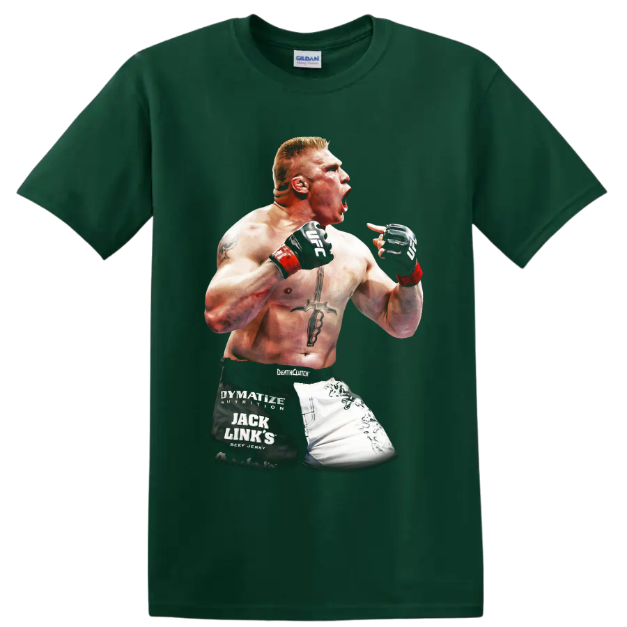 Brock Lesnar roaring in a raised-fist MMA fighter portrait graphic on a Forest Green T Shirt