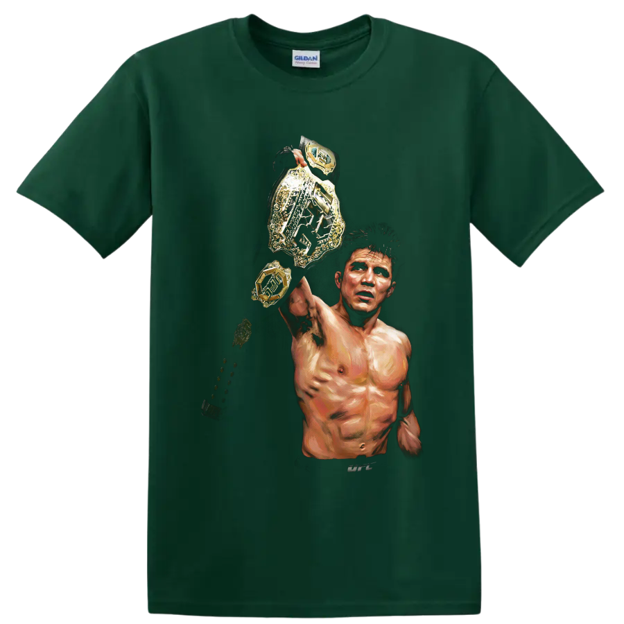 Demetrious Johnson painted MMA portrait raising a gold championship belt on a Forest Green T Shirt