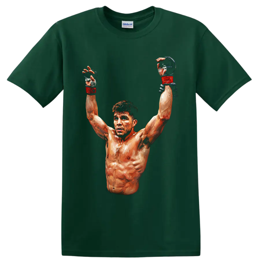 Gennady Golovkin painterly boxing victory portrait with raised red gloves on a Forest Green T Shirt