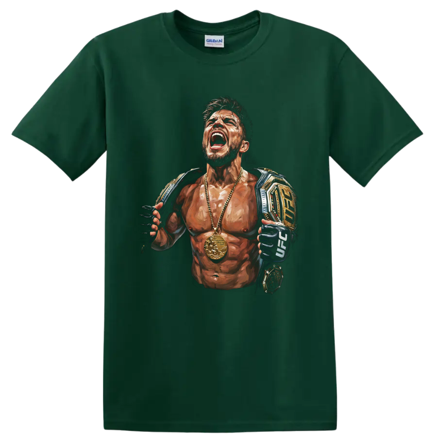 Henry Cejudo Triple C painted MMA champion portrait with belts, gloves, and gold medal on a Forest Green T Shirt