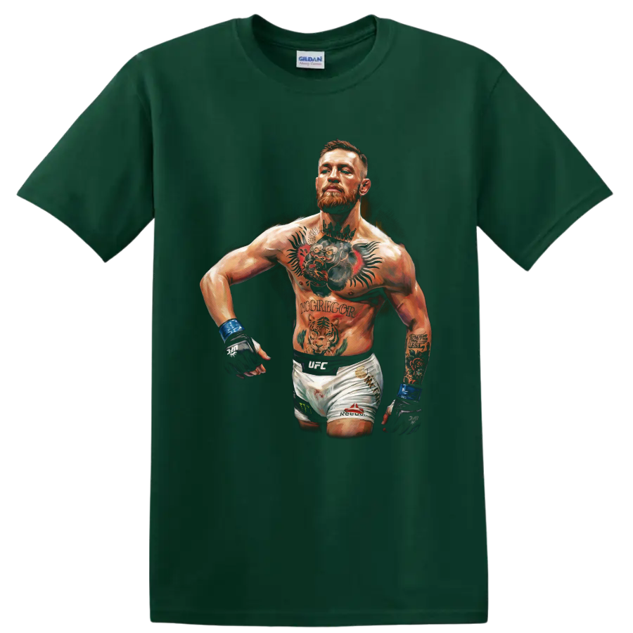 Conor McGregor tattooed MMA fighter portrait in dramatic painted illustration style on a Forest Green T Shirt
