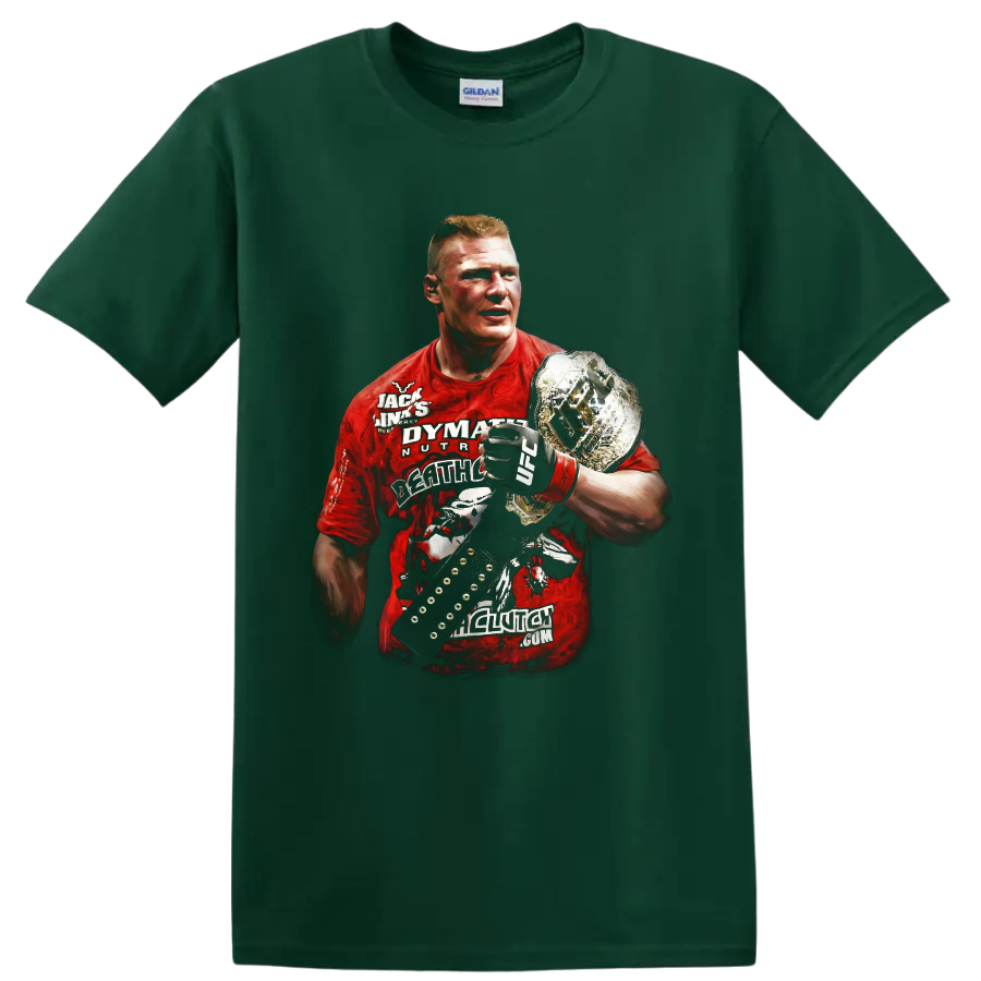 Brock Lesnar portrait with MMA glove and championship belt in dramatic graphic style on a Forest Green T Shirt