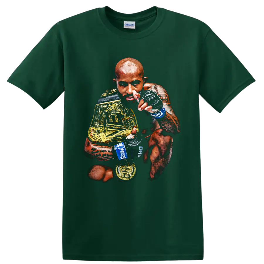 Demetrious Johnson painterly MMA portrait holding gold championship belts on a Forest Green T Shirt