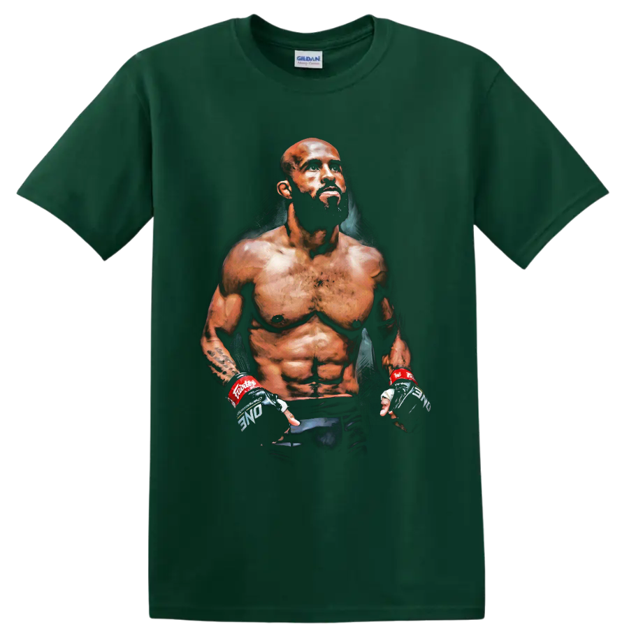 Demetrious Johnson painterly MMA fighter portrait with training gloves on a Forest Green T Shirt