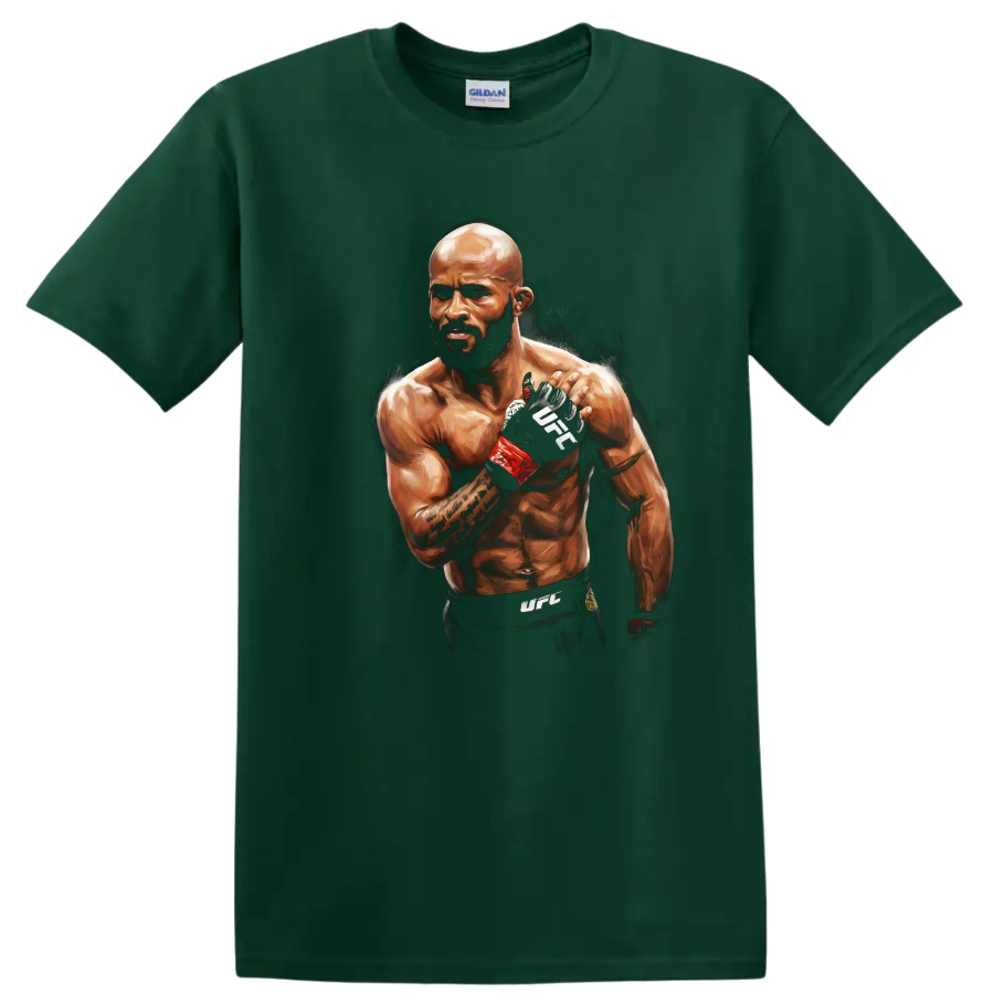 Painted portrait of Demetrious Johnson in MMA gloves with red wraps on a Forest Green T Shirt