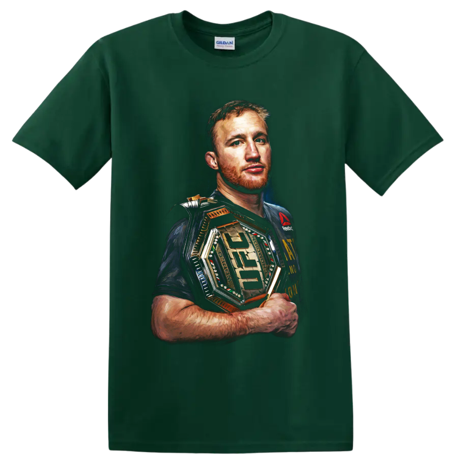 Justin Gaethje painterly MMA portrait holding a gold-toned championship belt on a Forest Green T Shirt