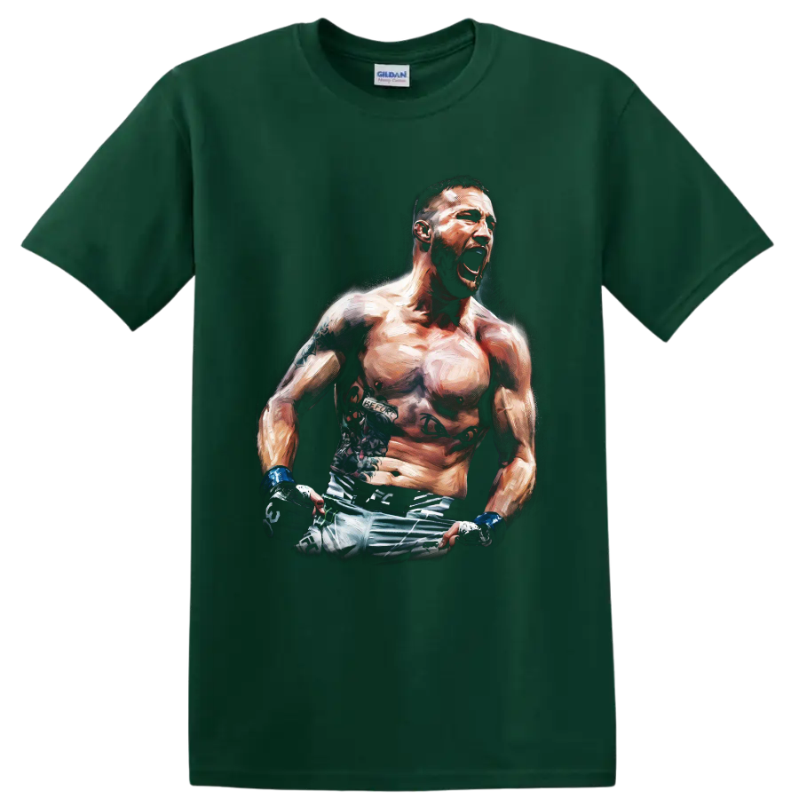 Conor McGregor roaring MMA fighter portrait in dramatic painterly action art on a Forest Green T Shirt