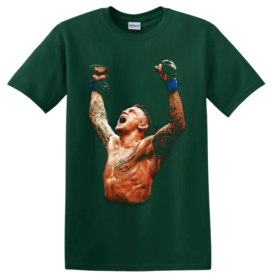 Dustin Poirier painterly MMA victory portrait with raised blue-gloved fists on a Forest Green T Shirt