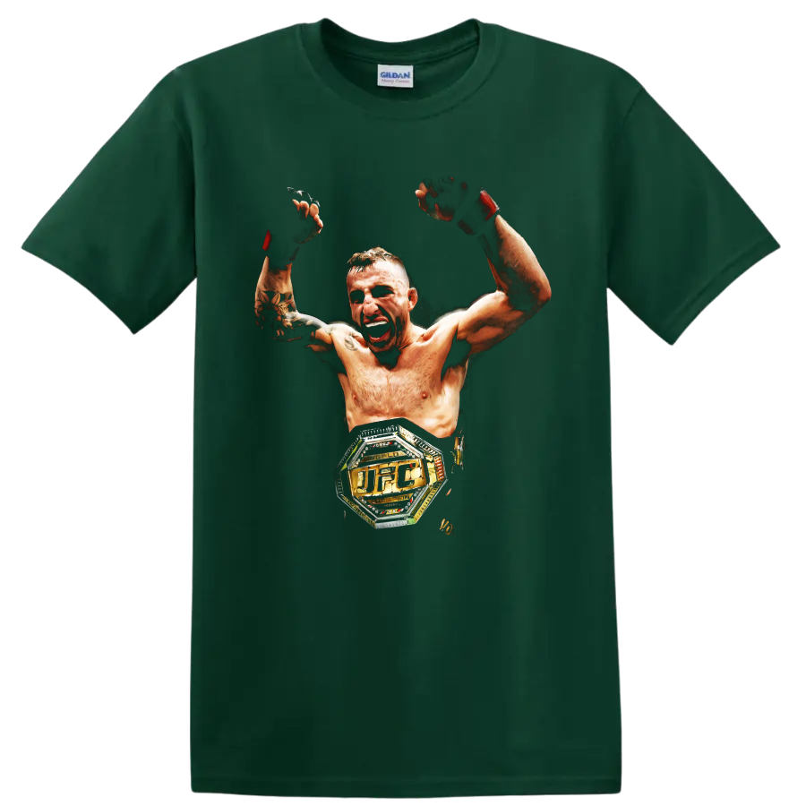 Alexander Volkanovski victory portrait with raised gloves and UFC championship belt on a Forest Green T Shirt