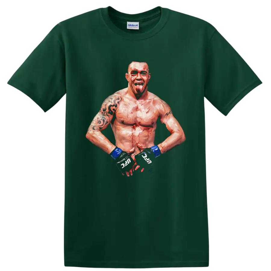 Erwin Smith MMA fighter in a bloodied painterly combat portrait with blue wrist wraps on a Forest Green T Shirt