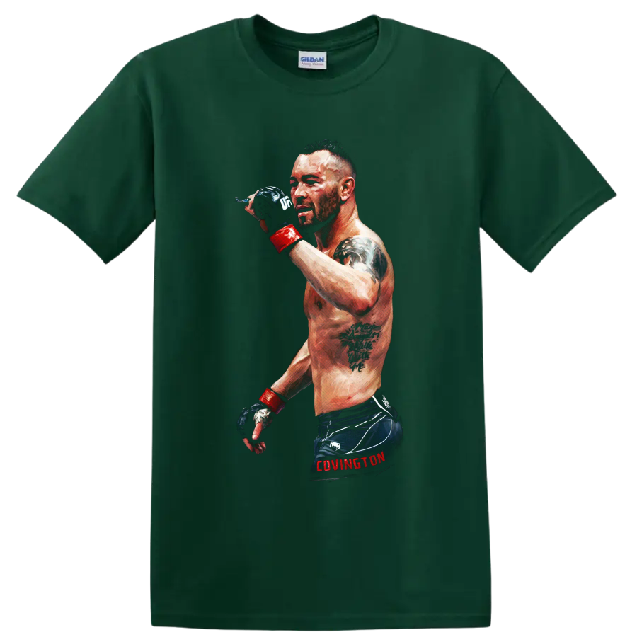 Painted portrait of Colby Covington in MMA gloves and fight shorts on a Forest Green T Shirt